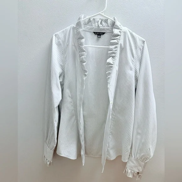 Brooks Brothers Women’s 10 Button Down Ivory & Blue Striped Ruffle Collar Blouse - Picture 2 of 9